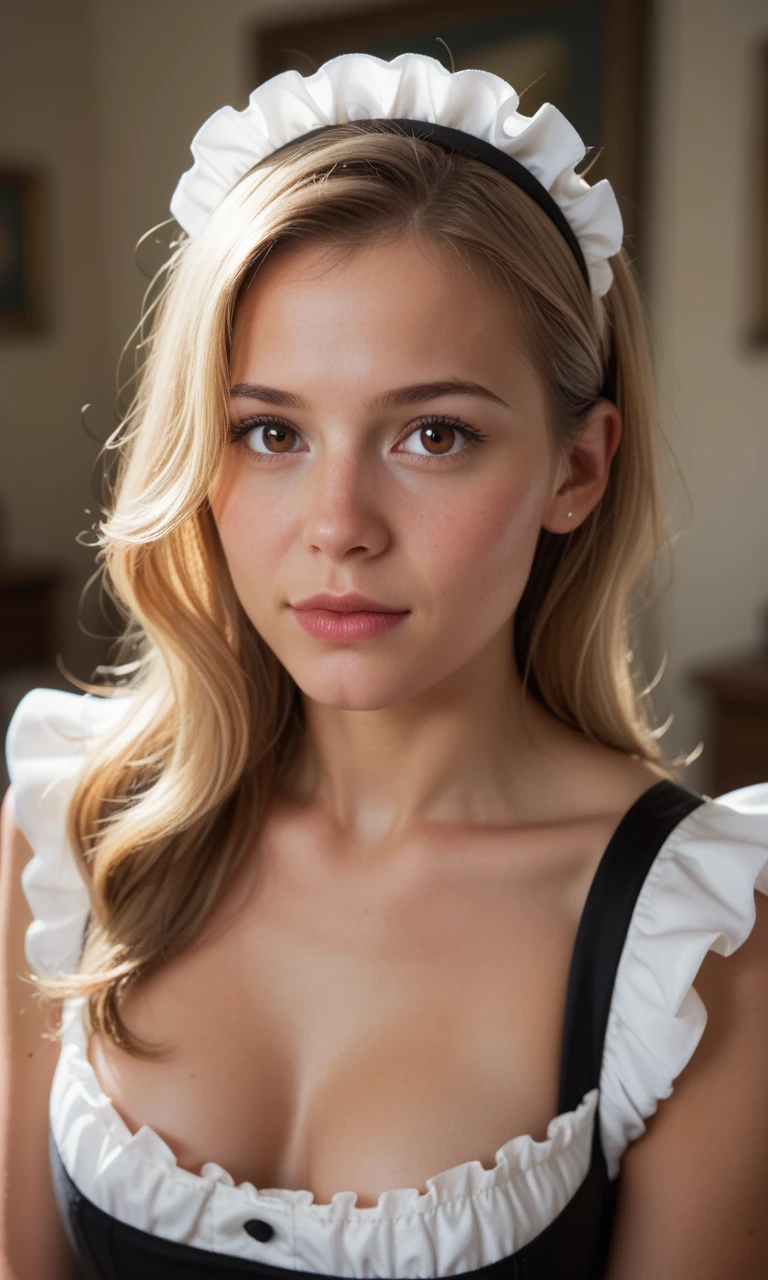 score_9, score_8_up, score_7_up,score_6_up, score_5_up, score_4_up, realistic, Rembrandt lighting, chiaroscuro, low light, depth of field,detailed face eyes and skin, BREAK, 1girl, brown eyes, blonde hair, looking at viewer, frilled dress, classic maid