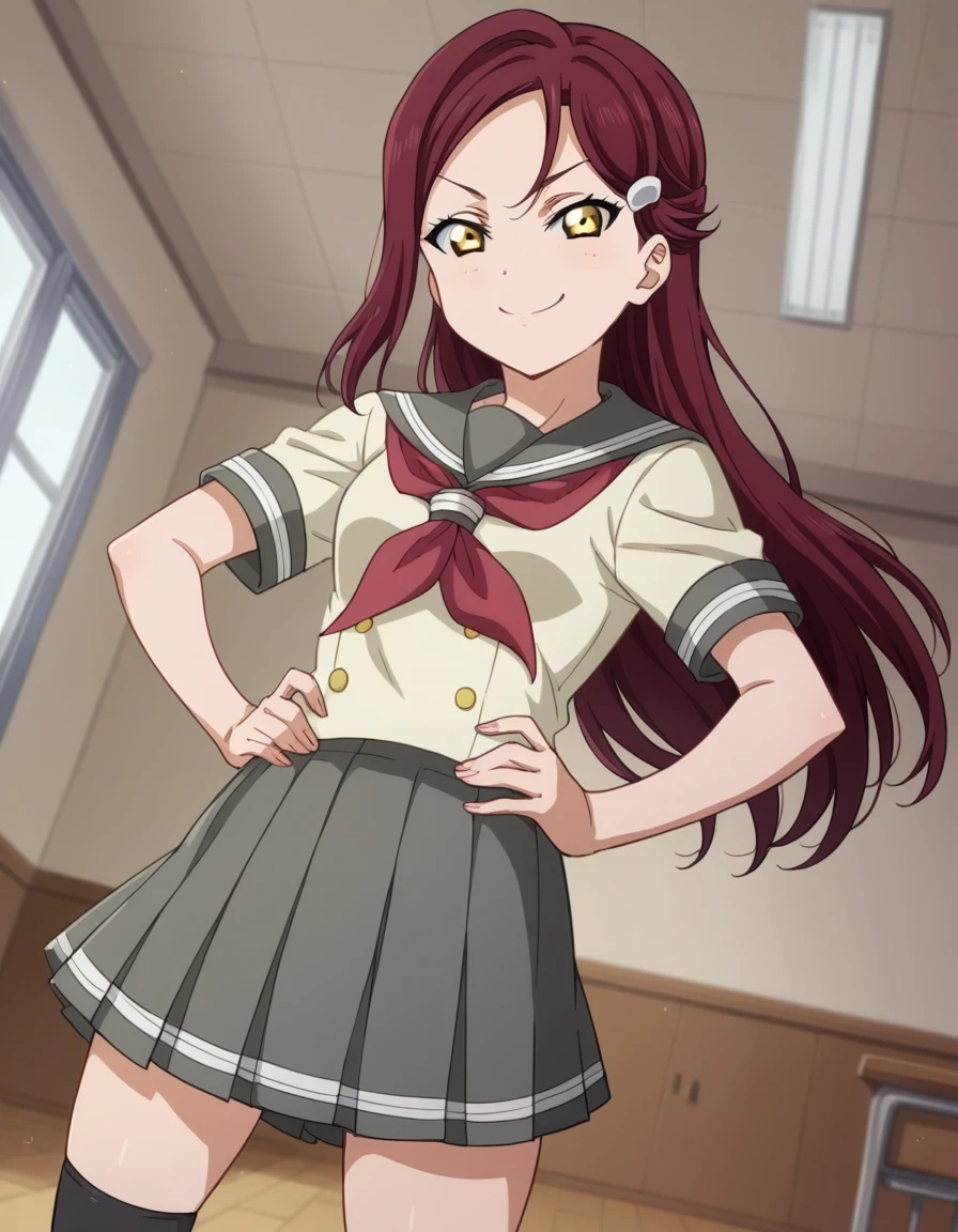 score_9, score_8_up, score_7_up, source_anime, <lora:riko-sakurauchi-s2-ponyxl-lora-nochekaiser:1>, riko sakurauchi, long hair, hair ornament, yellow eyes, red hair, hairclip,, skirt, school uniform, short sleeves, pleated skirt, serafuku, socks, neckerchief, kneehighs, black socks, red neckerchief, grey skirt, uranohoshi school uniform,, indoors, smug, smile, looking at viewer, solo, hands on hips,, cowboy shot, dutch angle