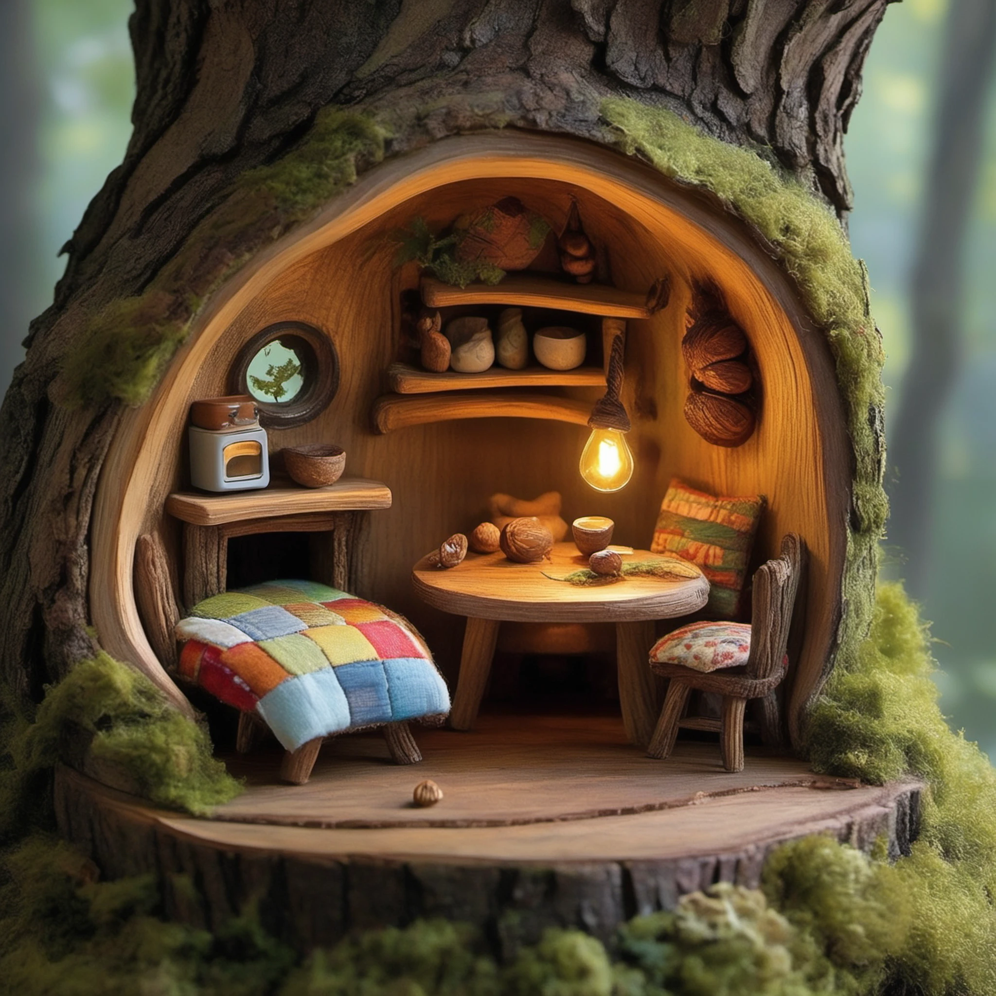 FRESHIDEAS The home of the squirrel A whimsical tree hollow home belonging to a squirrel,nestled high within the trunk of an ancient oak tree. Inside,the space is cozy and creatively furnished,blending natural elements with miniature,rustic furniture. A small wooden table and chairs **** from acorns and twigs sit in the center of the room. On one side,there's a tiny bed **** of soft moss and leaves,with a quilt crafted from colorful scraps of fabric. The walls are adorned with shelves carved directly into the wood,holding acorn cups,nuts,and tiny trinkets. In one corner,there's a tiny stove **** from a hollowed-out nut,complete with a small chimney that leads outside. A makeshift lamp,fashioned from a glowing firefly in a jar,sits on a tiny wooden nightstand. The squirrel's kitchen includes miniature appliances **** a tiny refrigerator crafted from a pinecone and a leaf-lined oven. The room is illuminated with warm,soft light filtering through a small,round window,offering a view of the surrounding forest. Outside,the tree is surrounded by lush greenery,with the entrance cleverly camouflaged by vines and leaves,