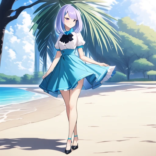 ((masterpiece)),((best quality)),ultra-detailed,illustratio,Explicit,Beautiful body,Beautiful Nose,Beautiful character design,perfect eyes,perfect face,wallpaper,ultra highres,4K,photography,(Beautiful,normal breasts:1.2),(beautiful face:1.2),beautiful legs,perfect legs,shiny skin,nsfw,official style,official arts,anime screencap,anime coloring,
sarashiki kanzashi,1girl,solo,short hair,blue hair,red eyes,glasses,pantyhose, nurse, nurse cap, hat, looking at viewer, blush, shoes, black pantyhose, black footwear, short sleeves, mary janes, standing, white dress, dress, closed mouth,  white headwear, smile, bangs,full body,<lora:Sarashiki Kanzashi:0.7>,(outdoor,Blue sky,White cloud,beach,shore,seawater:1.2)