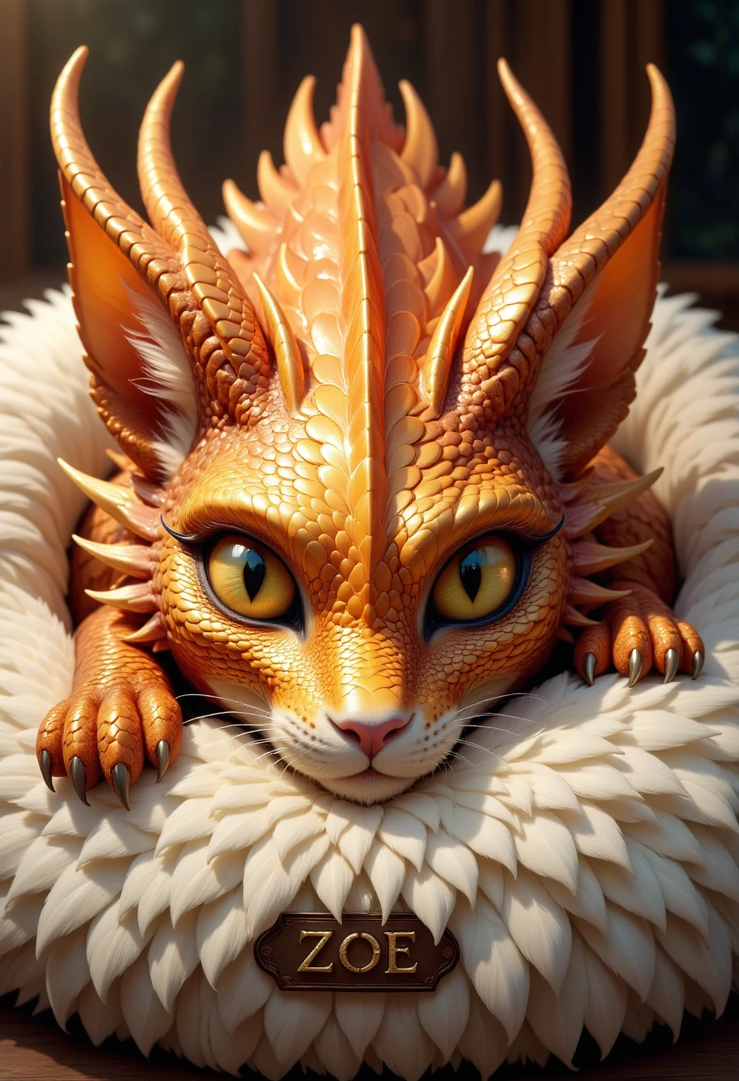 elegant cat dragon, with beautiful eyes and scaled fur the color of glistening honey, sleeping on a plush bed with an embroidered name tag text, "ZOE"