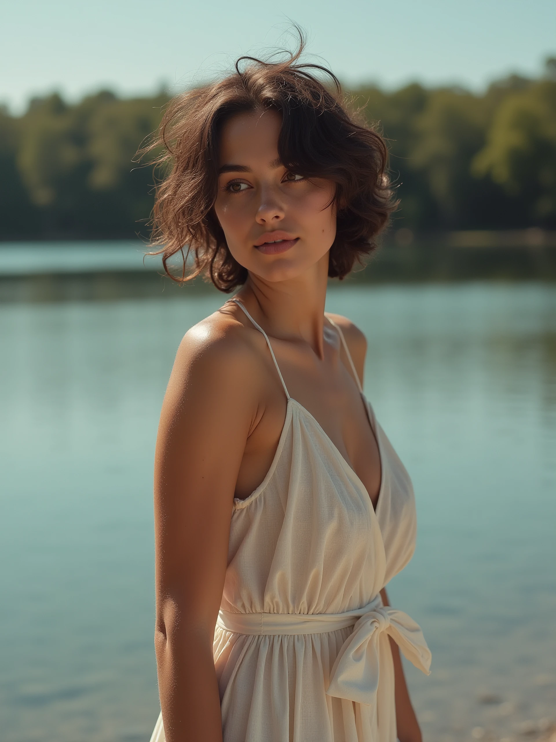 beautiful 25yr old brunette with wild short hair by a lake wearing a loose summerdress showing sideboob