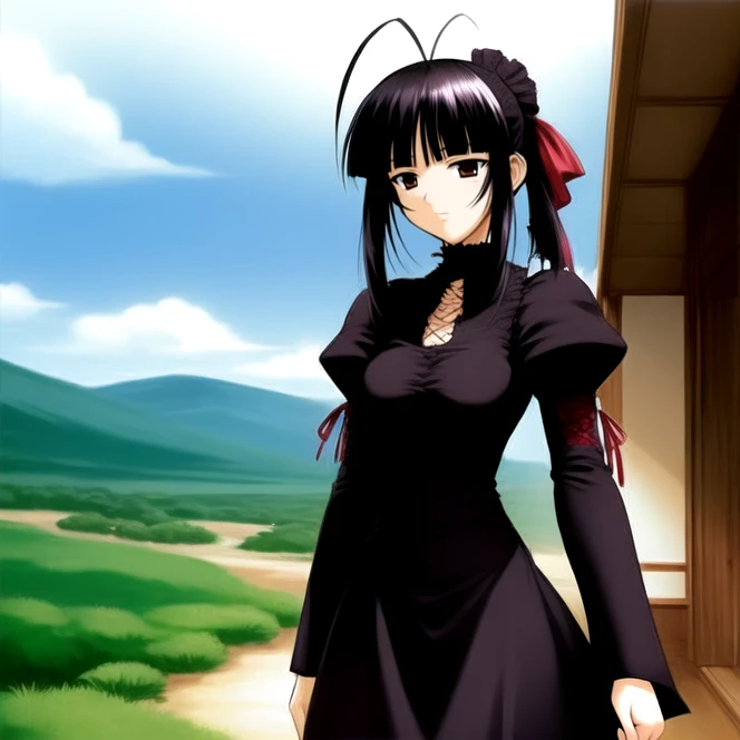 cowboy shot, solo, <lora:kanakoUrashima:0.9> kanako_urashima, black hair, brown eyes, long sleeves, bangs, sidelocks, hair antenna, ponytail, outdoors, standing, gothic, dress, headdress, best quality, ultra high res