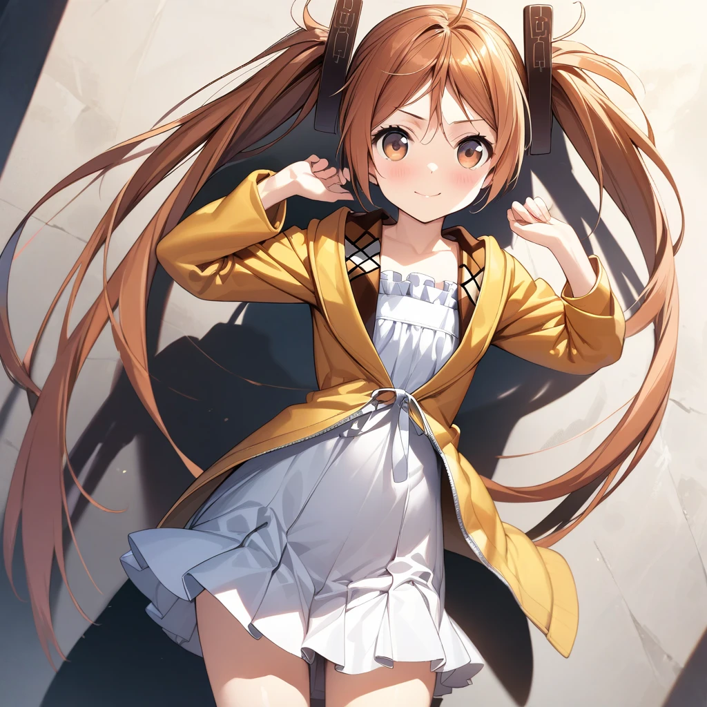 aihara_enju, brown hair, brown eyes, black hair clip, twin tails, long hair, flat chested, white dress, orange jacket, white pleated skirt, cowboy shot, <lora:XL-AiharaEnju:1>, (masterpiece),(best quality),(ultra-detailed),(best illustration),(best shadow),(absurdres),(detailed background),(very aesthetic),