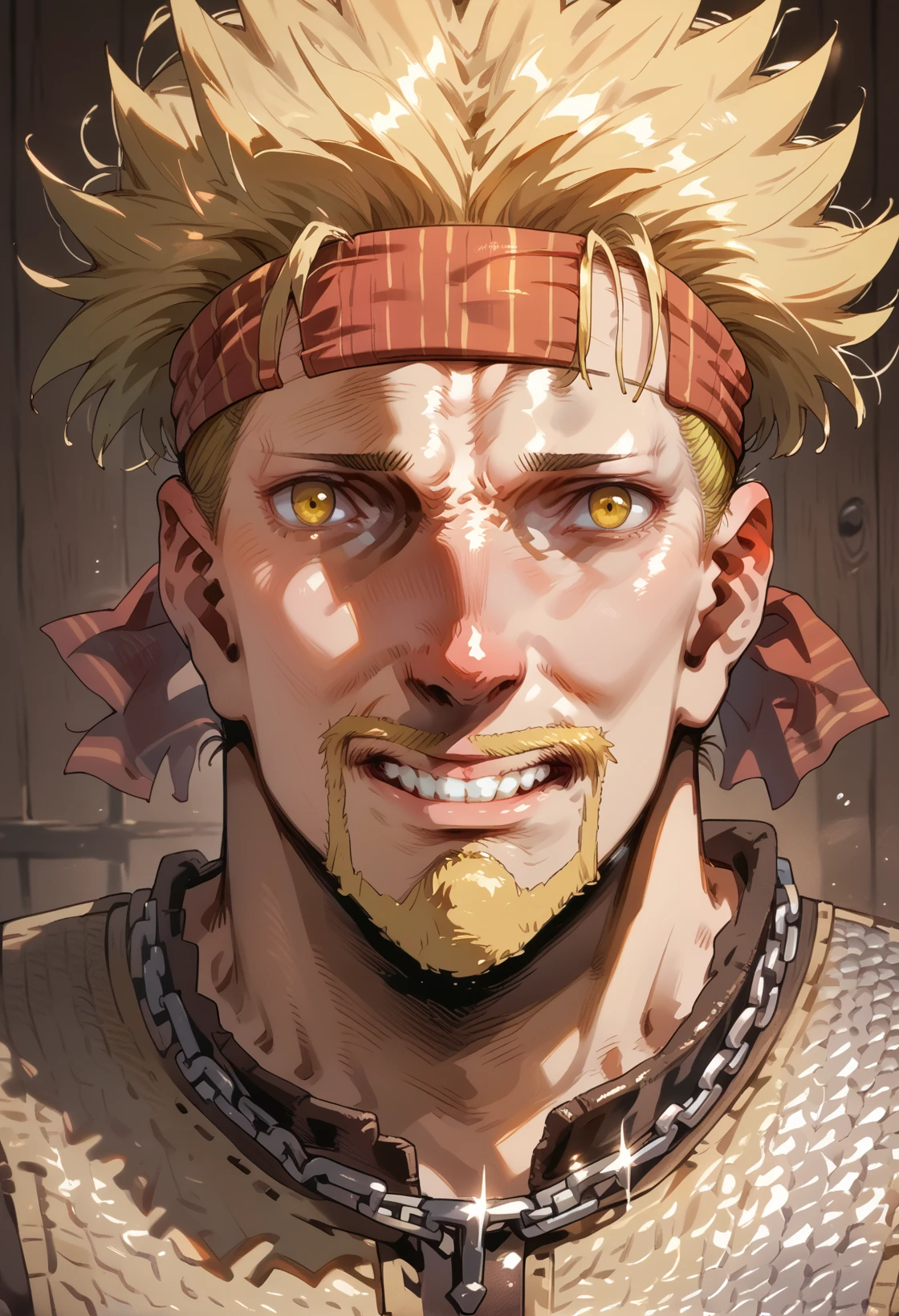 agniface, looking at viewer, teeth,  <lora:agniface:1.05>  1boy,   <lora:Thorkell-v2:0.85> Thorkell, beard, (yellow eyes:1.15), chainmail armor, belt, headband, close up, score_9, score_8_up, score_7_up, score_6_up