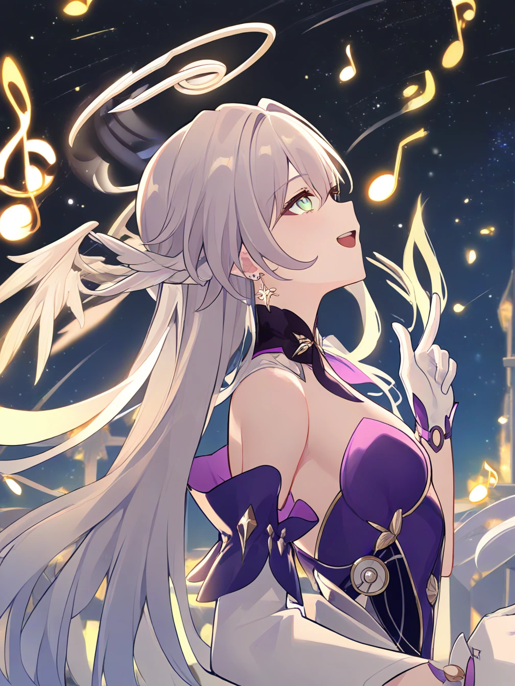 1girl,solo,robin \(honkai: star rail\),halo,mechanical halo,very long hair,earrings,jewelry,green eyes,head wings,detached sleeves,white gloves,
smile,open mouth,singing,hand up,musical note,head lift,looking up,
starry night,sky,glowing,night sky,
upper body,from side,
<lora:robin_1-000028:1>,<lora:rurudo_2:1>,
