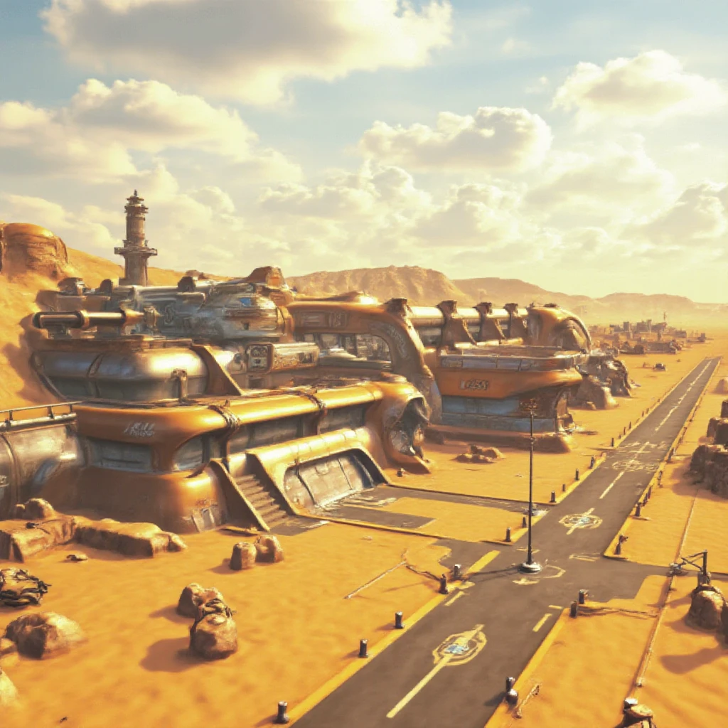 ff8bg artstyle of some futuristic houses in the middle of the desert. Desolate town, during a hot summer day in the middle of the sand wilderness. 3D CG render in 4K, with highest settings of Unreal Engine 5.