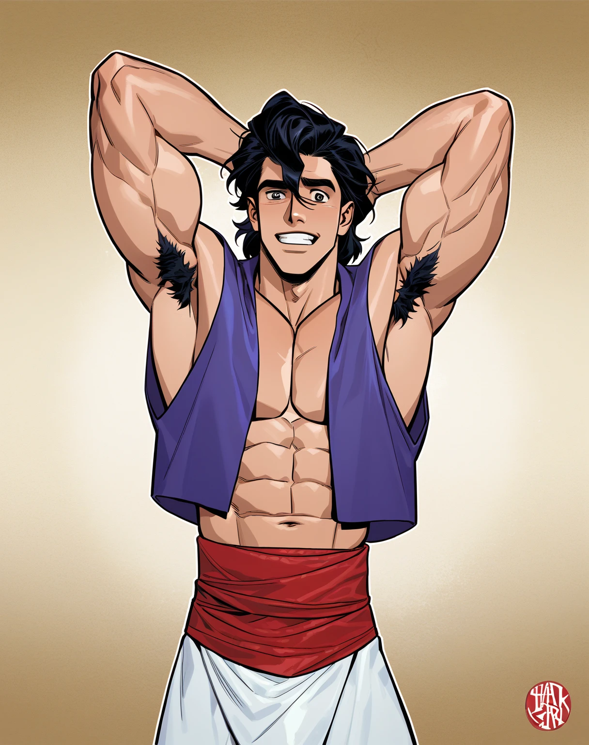 score_9, score_8_up, score_7_up, score_6_up, aladdin, violet vest, muscular, large pectorals, stubble, solo, looking at viewer, black hair, 1boy, male focus, black eyes, desperate face, hands behind head, armpit hair, red fez, best quality, best aesthetic, sfw, year 2023, high details, blake alexander<lora:EMS-461843-EMS:0.800000>