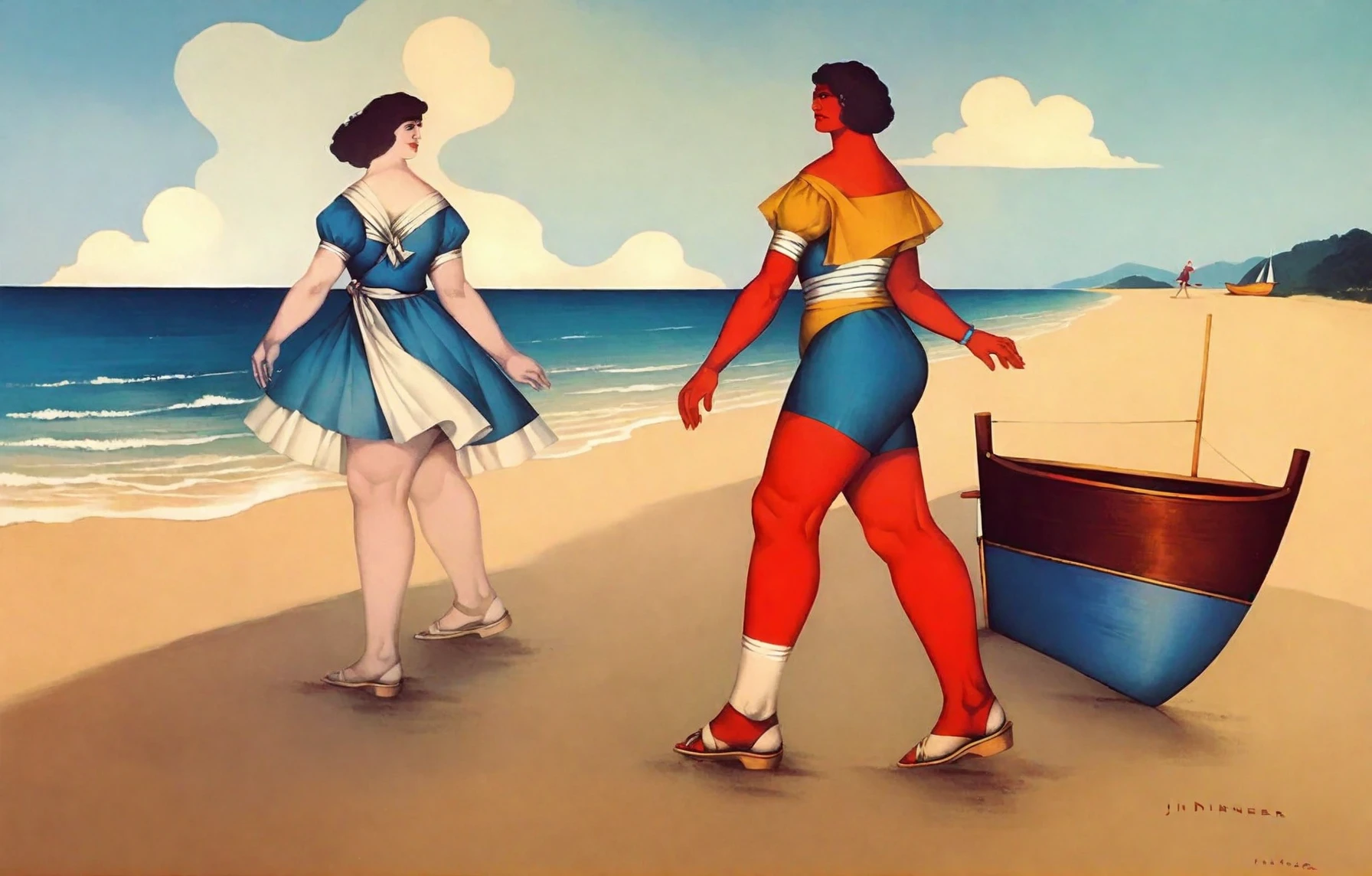 <lora:lindner_pony_v1:1> '  two woman on a beach ' by Lindner Richard in, portrait \(genre\), Mechanistic Cubism \(style\), two woman walking on a beach with sailing boats visible in the background, score_9, score_6_up, score_7_up