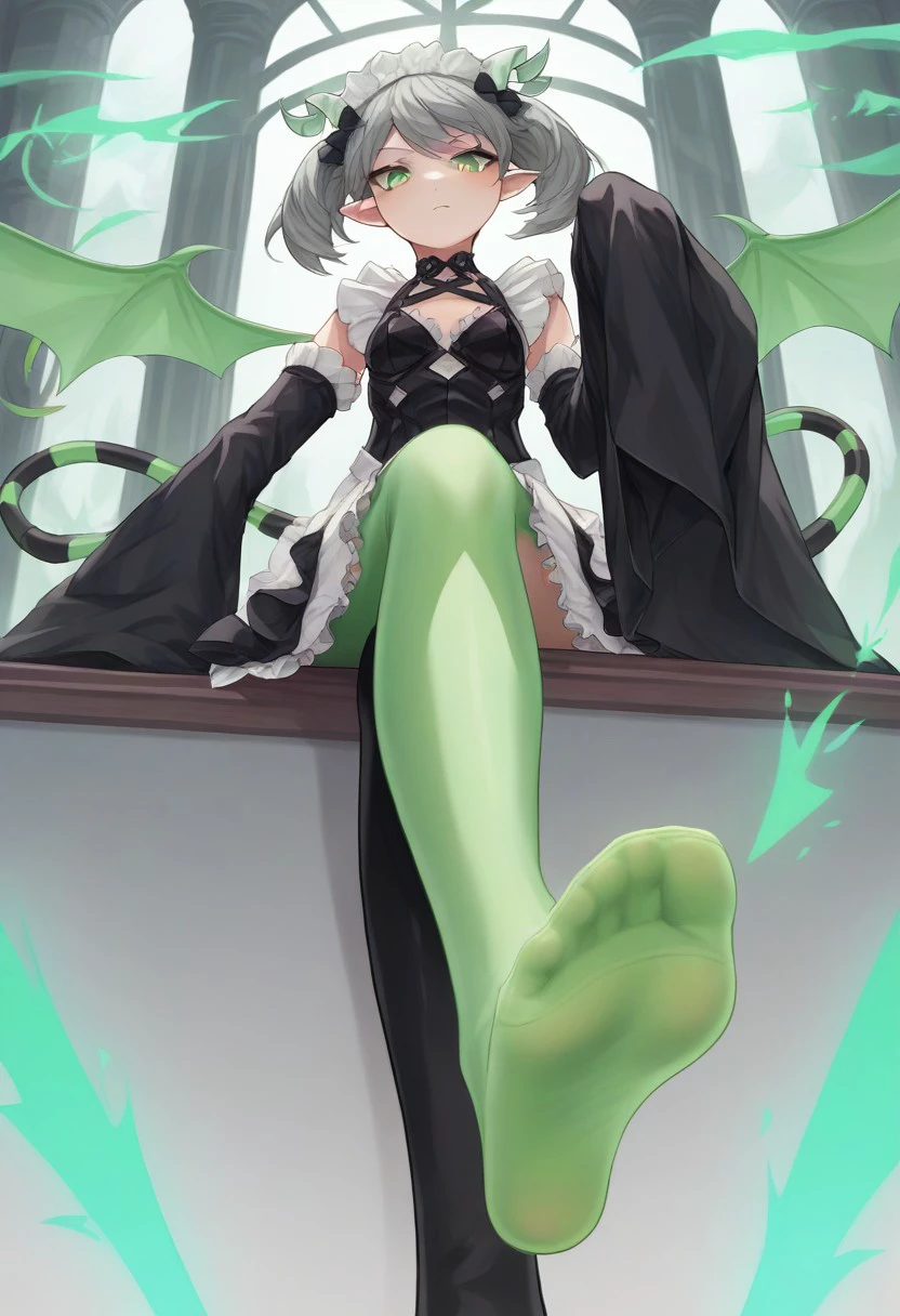 score_9,2d,source_anime,masterpiece, ygoariana,1girl,from below,foot focus,sitting,crossed legs,looking at viewer,demon girl,green horns,green wings,green tail,maid,detached sleeves,green eyes,green/black thighhighs,twintails