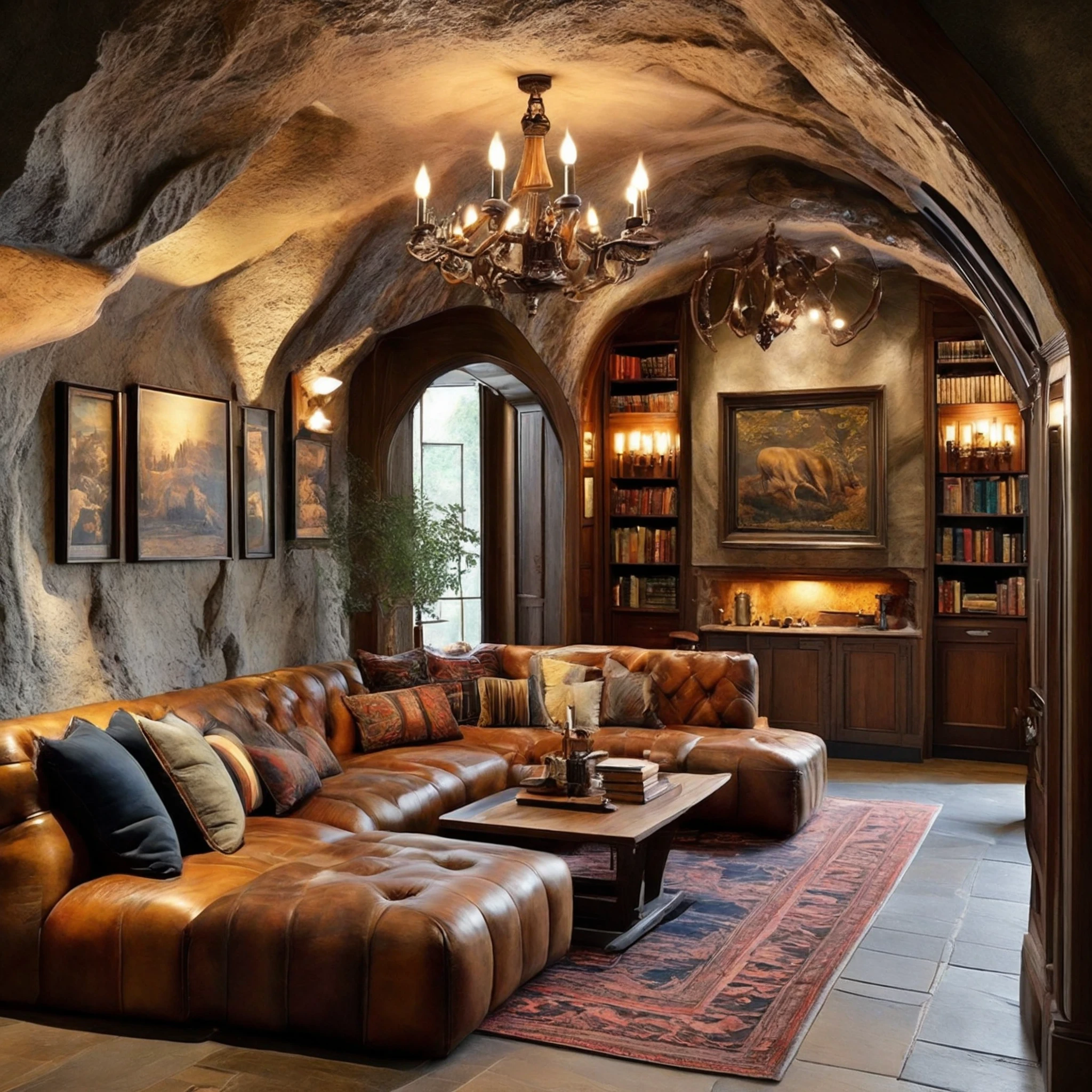 FRESHIDEAS Cave home,Design an English-style cave interior space. The cave walls are **** of natural stone with deep brown wooden wainscoting,creating a warm and rustic atmosphere. The room features deep-colored leather sofas,a large wooden dining table in the center with high-back chairs,and antique wooden cabinets. The floor is covered with dark wood or marble tiles. The space is lit by metal chandeliers and antique bronze wall sconces,casting a warm,inviting glow. The walls are adorned with classic hunting-themed paintings and an old-fashioned clock. A cozy reading nook is set near the cave's natural window,with a comfortable armchair and bookshelves. Add Persian rugs and vintage textiles with plaid or floral patterns to enhance the traditional English aesthetic. The overall mood is cozy,elegant,and slightly mysterious,blending the cave's natural features with traditional English design elements.,