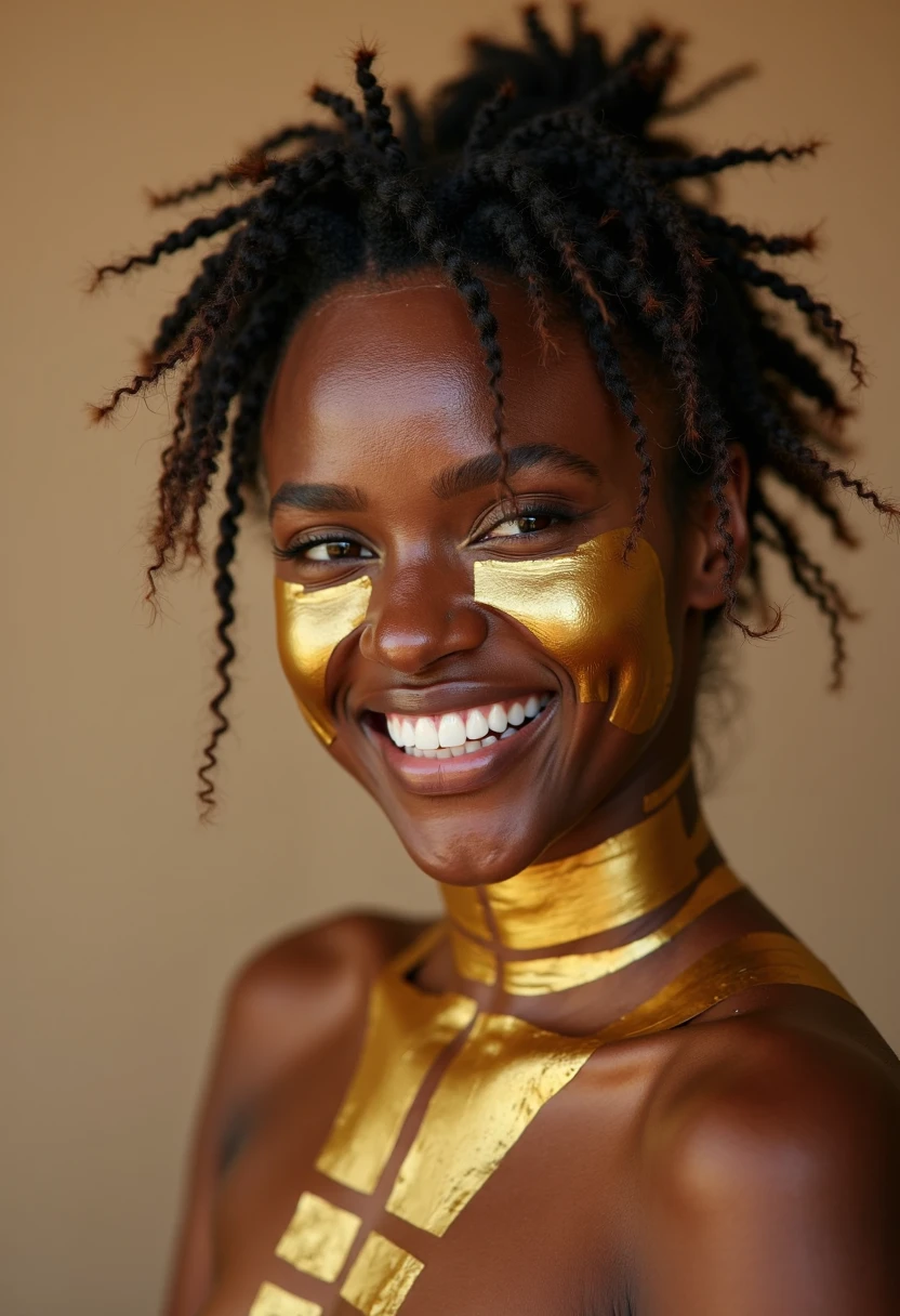 blacktapeproject, a smiling woman, golden body tape