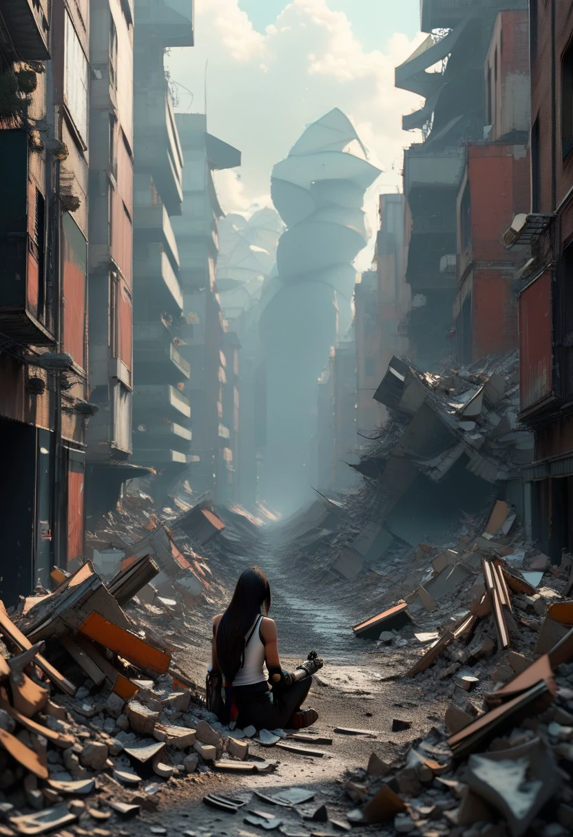 flux-scenery-pny, Tifa Lockhart, sitting, dystopian, urban landscape, debris, ruined buildings