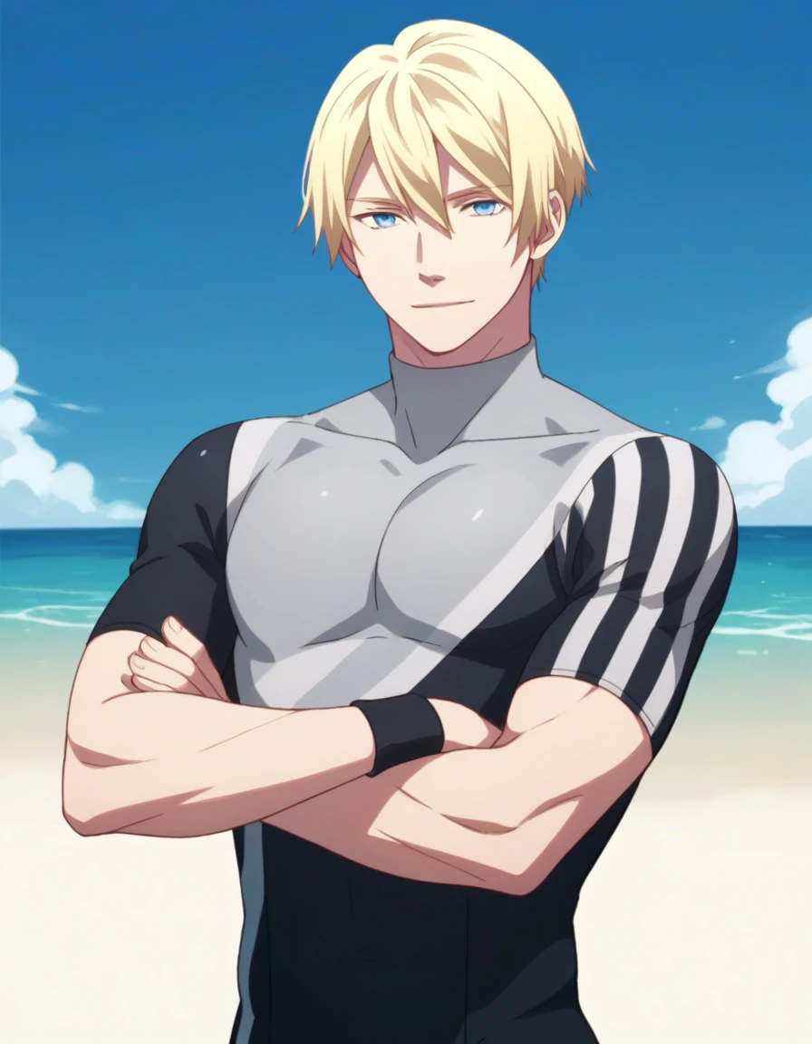 score_9, score_8_up, score_7_up, score_6_up, score_5_up, score_4_up, 2d_anime, rating_questionable, beach, blue sky,
1boy, solo, solo focus, mature male, bodysuit, wetsuit, short sleeves, striped, <lora:Goyo_Hayamichi_Pony_Rev1:0.7>, goyo hayamichi, blonde hair, blue eyes, wristband, facing to the side, looking at viewer, standing, upper body, crossed arms, light smile,