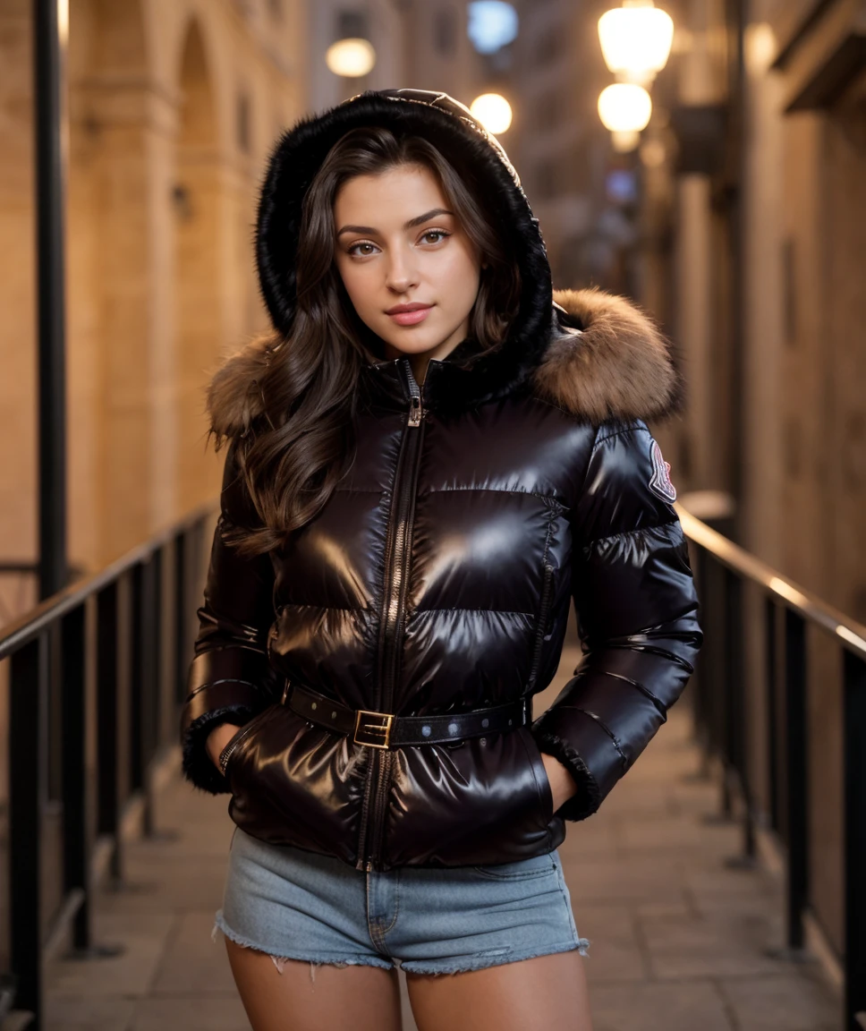 cinematic photo Night Photography,   <lora:quiron_MelenaMariaRya_v050330_Lora:0.77> melenamryaquiron, 1girl, brown eyes, realistic, looking at viewer, lips, jewelry,    smile ,   MakeUp,,      Moncler puffer jacket with a fur-trimmed hood and belt, ,      . 35mm photograph, film, bokeh, professional, 4k, highly detailed