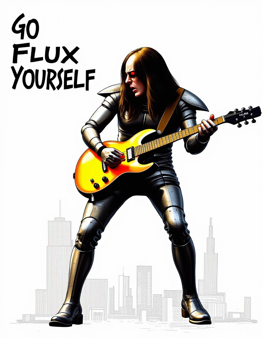 foreground text that says "Go FLUX Yourself" as a stylised poster, In the background add, {
"prompt": "Create an image of Lemmy Kilimeter with a futuristic cityscape in the background, his body adorned with metallic plates, eyes glowing red as he strums a guitar."
}