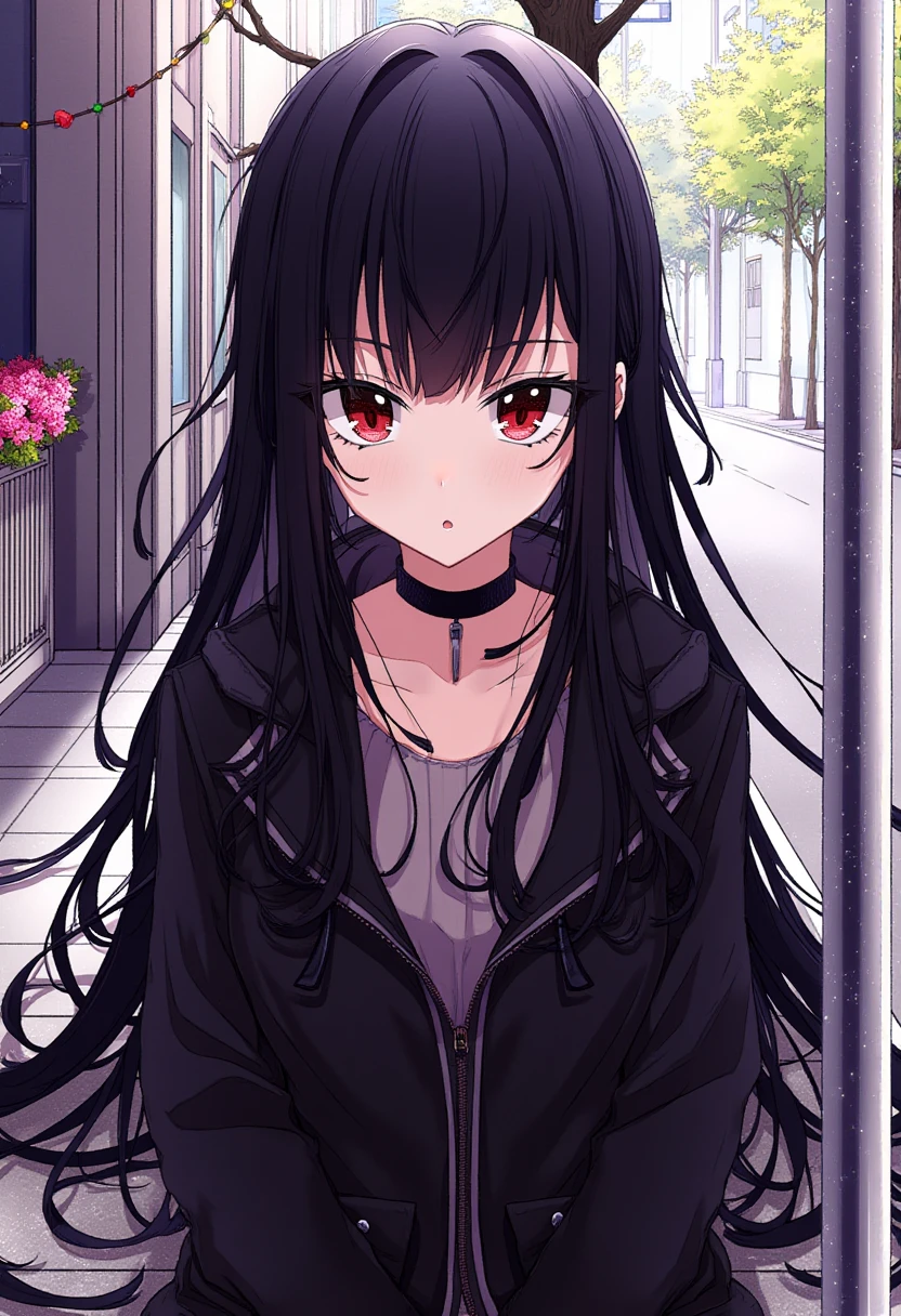 osanai0804style,
one long black hair girl has red eyes and oval face, she is wearing back leather jacket a black choker on her neck, her hands is in jacket pockets, she is sitting by the street, trees and flowers environment,
the latest anime style, the newest anime art style, super high resolution, extremely detailed clothing and skin, uncensored,anatomically correct,best perspective, fashion, super detailed fabric, fine fabric emphasis, realistic hair, 3D texture, natural light, light rays, ray tracing,Anime style, extremely detailed environment   <lora:osanai0804style:1>