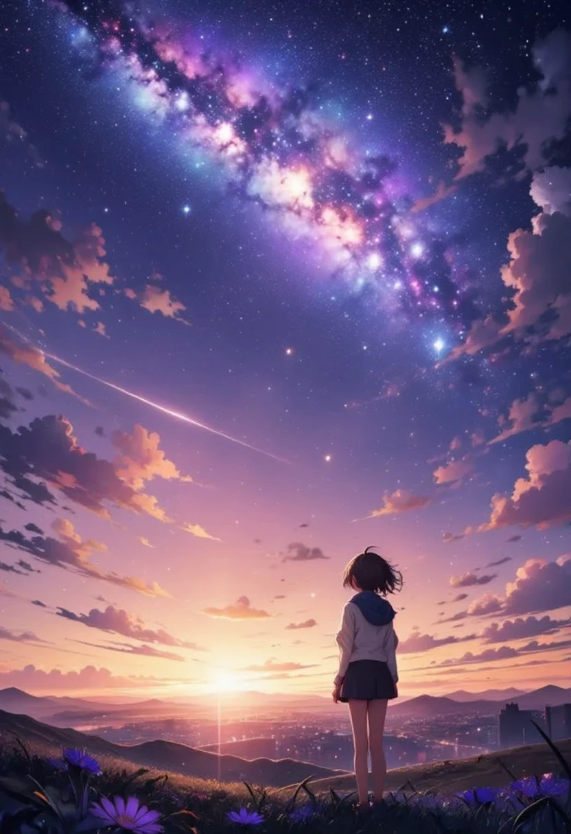 mlkwglx, Milky Way galaxy, stars, detailed photo depicting a serene, ethereal scene at sunset. The central figure is a young woman with shoulder-length brown hair, standing on a grassy hill. She is dressed in a white hoodie and a short blue skirt, giving her a casual yet mysterious appearance. Her back is to the viewer, facing an expansive, star-studded sky. The sky is a vibrant blend of deep blues, purples, and oranges, with a prominent, glowing Milky Way stretching across the upper portion. The Milky Way is rich with stars, some twinkling brightly, and others faintly scattered, creating a mesmerizing cosmic display. The horizon is bathed in a warm, golden glow, indicating the setting sun, and wispy clouds are scattered throughout the sky, adding texture and depth to the scene. A prominent streak of light, possibly a shooting star or a meteor, cuts through the sky from the top left to the bottom right, adding a sense of wonder and awe to the image. The overall mood is peaceful and contemplative, with the woman's solitary presence accentuating the vastness and beauty of the natural world.