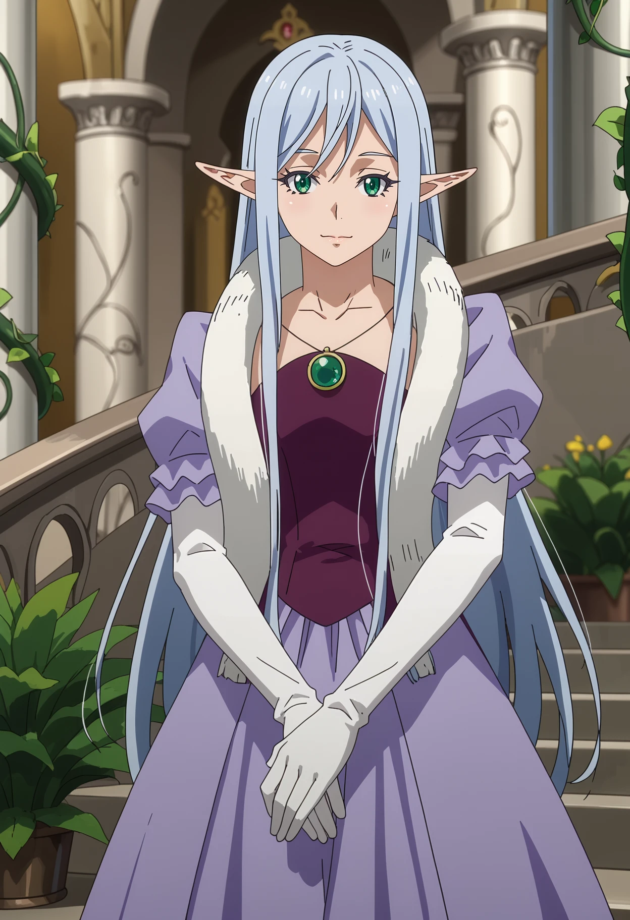 score_7_up, anime screencap,
<lora:TenSura_ElmesiaElRuSarionXL:0.9>, ElmesiaElRuSarion,
1girl, solo, closed mouth, light smile,
long hair, blue hair, green eyes, pointy ears,
purple dress, fur boa, necklace, puffy short sleeves, elbow gloves, white gloves,
standing, looking at viewer, cowboy shot, own hands together,
blurry background, indoors, arch, vines