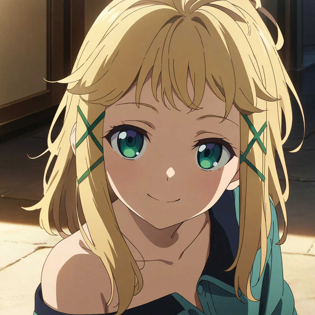 tina_sprout, blonde hair, messy hair, green eyes, criss cross hair ornament, flat chested, green dress, off shoulder, close up, portrait, smile,  anime coloring<lora:XL-TinaSprout:1>, (masterpiece),(best quality),(ultra-detailed),(best illustration),(best shadow),(absurdres),(detailed background),(very aesthetic),