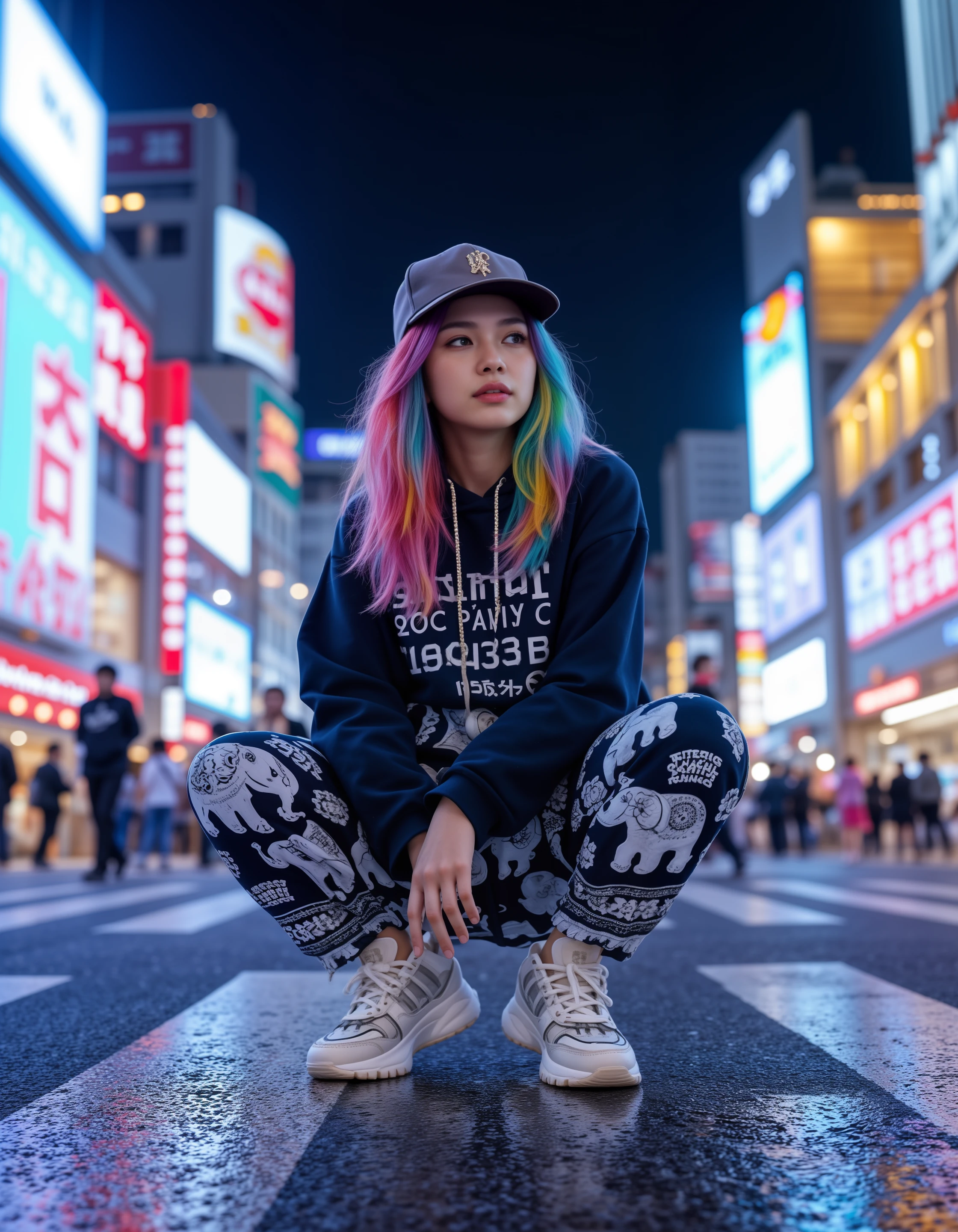 Changpant, elephant-patterned pants,rainbow color hair teenage woman sitting in model pose paired with an oversized hoodie, chunky sneakers, and a snapback hat, standing in the middle of Shibuya Crossing with neon signs glowing all around. The camera captures a wide-angle shot from a low angle, highlighting the bustling energy of the city with vibrant lights reflecting off the wet pavement. <lora:Thai_Elephant-patterned_pantsFlux:1.0>