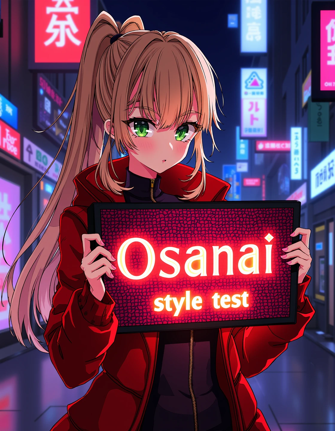 osanai0804style, one blonde petite girl, she is presenting a big digital screen with 2 hands, red and yellow glowing words"Osanai style test"on the digital screen, 
she has ahogo and long streaked hair and ponytail hair, green eyes and blush on face, she is wearing a leather red jacket, and she is standing in a cyberpunk city, in the night with colorful lighting, 
the latest anime style, the newest anime art style, super high resolution, extremely detailed clothing and skin, uncensored,anatomically correct,best perspective, fashion, super detailed fabric, fine fabric emphasis, realistic hair, 3D texture, natural light, light rays, ray tracing,Anime style, extremely detailed environment   <lora:å°å±±å-000005:1>