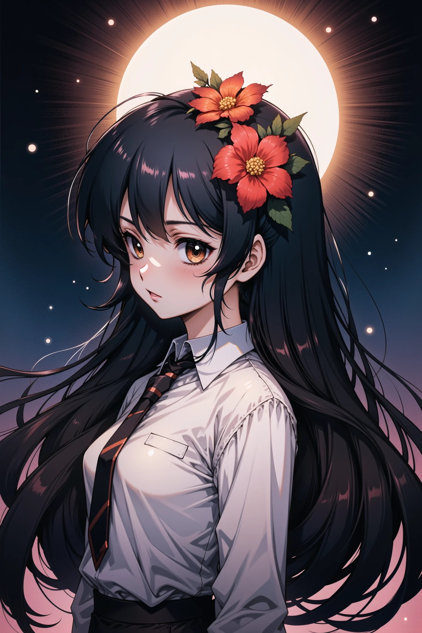 flyx3 Style, Enma Ai, a young girl with long, flowing black hair adorned with vibrant red flowers. She is wearing a school uniform that includes a crisp white shirt paired with a tie. The backdrop of the illustration features a large moon glowing in the center, creating a serene and mystical atmosphere. The background is filled with subtle, floating white specks that add depth to the scene, enhancing its dreamlike quality. The overall aesthetic of the artwork combines elements typical of anime or manga art styles, emphasizing a blend of modernity and fantasy.
<lora:flyx3_FLUX:1.0>