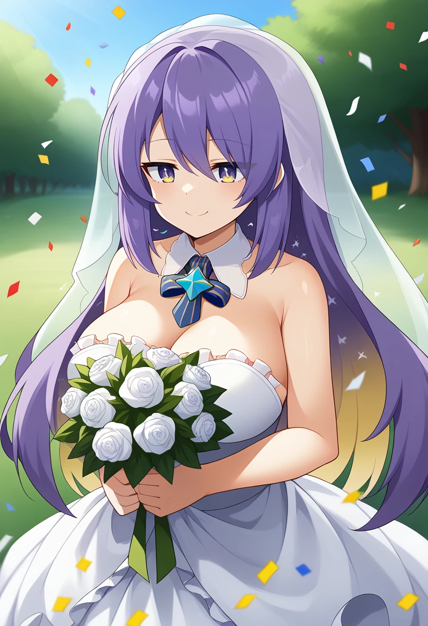 1girl, moona hoshinova, hololive indonesia,
long hair, purple hair, multicolored hair, purple eyes, large breasts, wedding dress, veil, frills, frilled dress, holding bouquet, smile, 
outdoors, field, blue sky, confetti, upper body, 
score_9, score_8_up,
<lora:moona-pony:1>