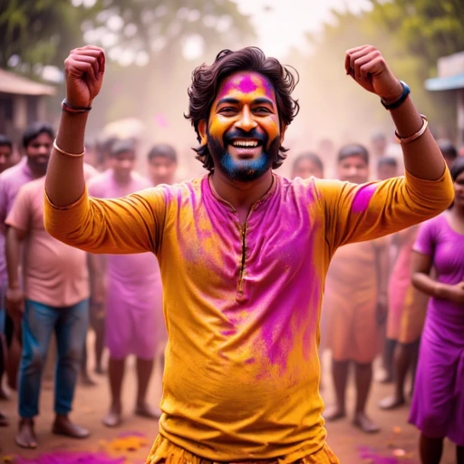 An Indian Man with Traditional Dress dancing, Holi_Style, Multicolor Smoke, Multicolor Paint, Multicolor Powder