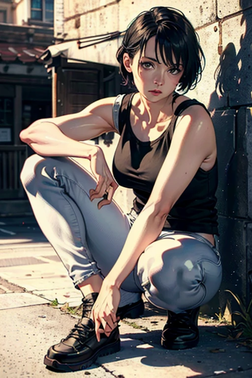 masterpiece++, best quality++, ultra-detailed+, 1girl,Woman sitting on a tire in a devastated world,eyepatch,shorthair,blackhair,tank top,Jeans,expressionless,looking away,looking at another,full body,((midnight)),rain,post apocalypse,slum,