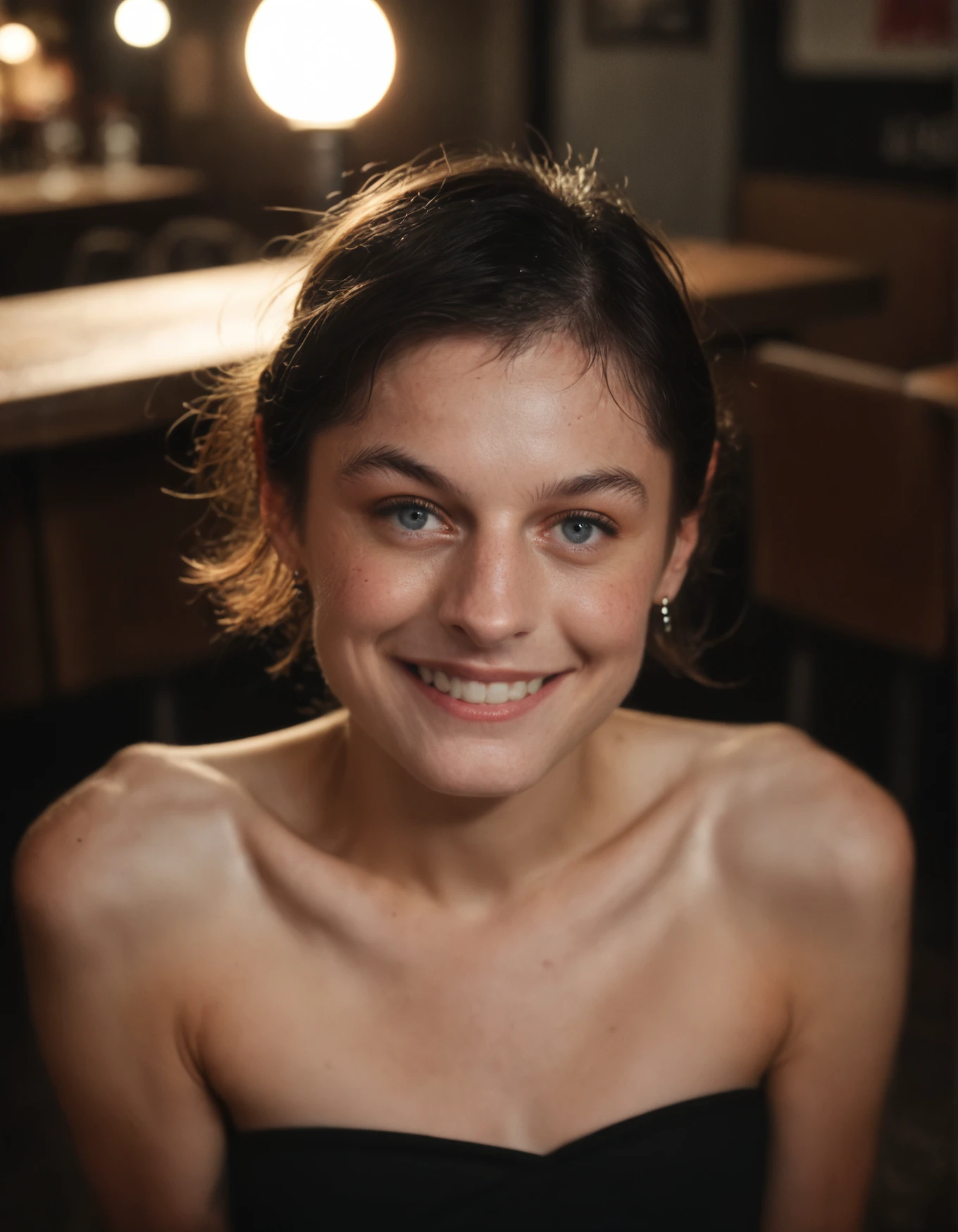 score_9, score_8_up, score_7_up,score_6_up,high resolution,photo,realistic,emcr,1girl,short hair,black hair,black dress,restaurant,smile,from above,close-up,portrait,pov,looking at viewer,volumetric lighting,rim lighting,dof,dramatic shadow,dimly lit,dark,gloomy