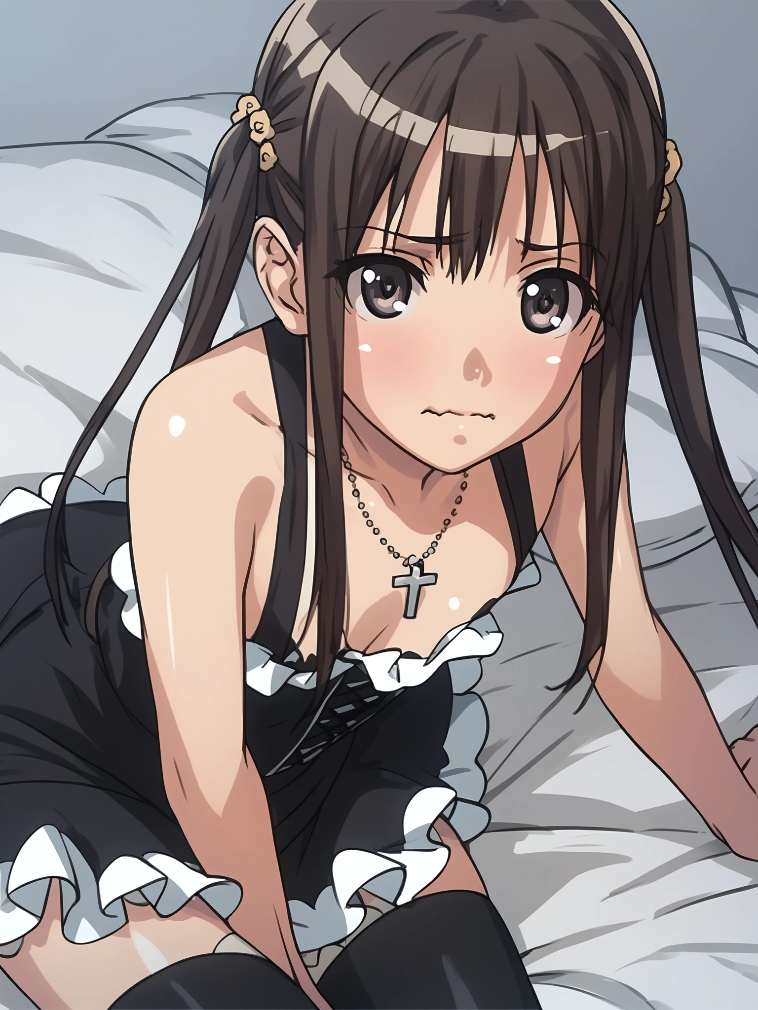 <lora:happy_tentacle-mio-v0.4-000025:0.9>, ht_mio, black dress, frilled dress, cross-laced dress, black thighhighs, heart necklace , 1girl, solo, portrait , , emotionless , (wavy mouth:0.8) , , , score_9, score_8_up, score_7_up, score_6_up, score_5_up, score_4_up