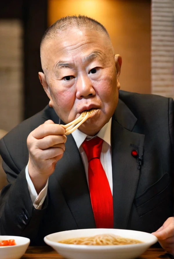 <lyco:Kazuhiro_Haraguchi:1.0>, highly detailed professional 8k raw photography, best hyperrealistic quality backgrounds, volumetric real-time lighting and shadows, middle-aged,  old man, asian, skin head, wearing  black suit and red tie, white shirts under the black suit, Asian, (Kazuhiro Haraguchi) eating ramen by hand, close up, tokyo restaurant background