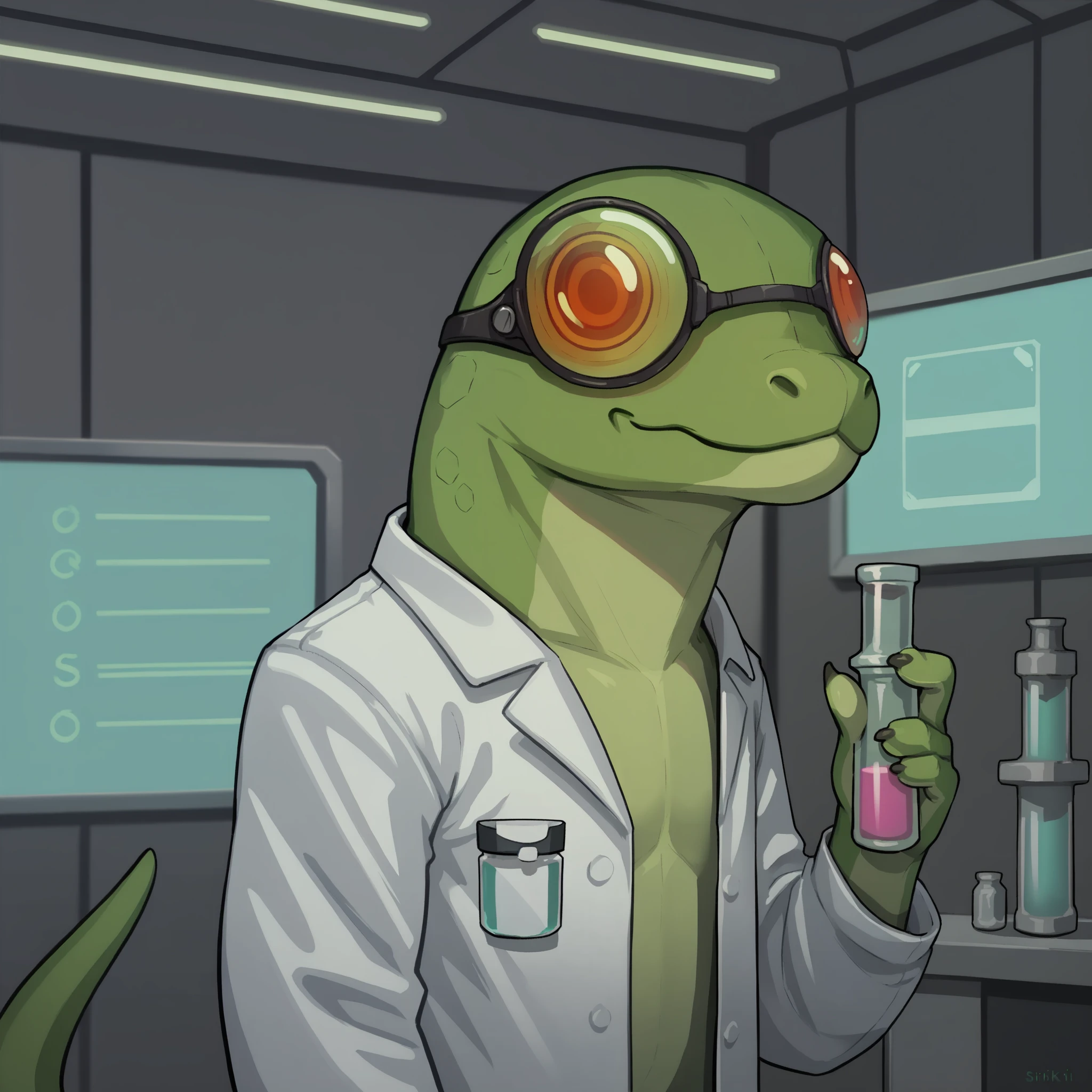 score_9, score_8_up, score_7_up, source_furry, solo, <lora:prikkiki-ti:0.8>, prikkikiti, green skin, nostrils, lizard tail, reptile, science fiction, closed mouth, laboratory, lab coat, upper body, holding, test tube, indoors