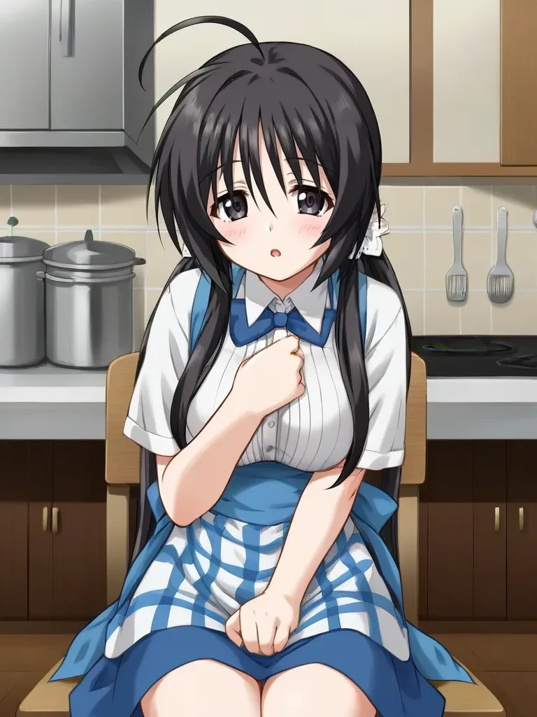 <lora:sakuhiyovgrebirthpony:0.7>
1girl, solo, sakuragihiyorivgrebirth, black hair, long hair, low twintails, ahoge, black eyes, waitress, indoors, kitchen, sitting, chair, open mouth, parted lips, looking at viewer, cowboy shot