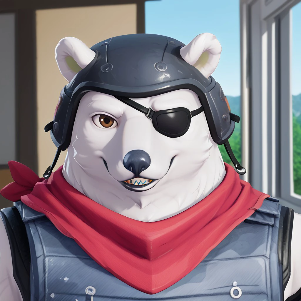 furry, solo anthro, male, smile, bust portrait, looking at viewer, Polar patroller,  polar bear,  white fur, brown eyes, red scarf, eyepatch, helmet, clothed, ng_deepnegative_v1_75t