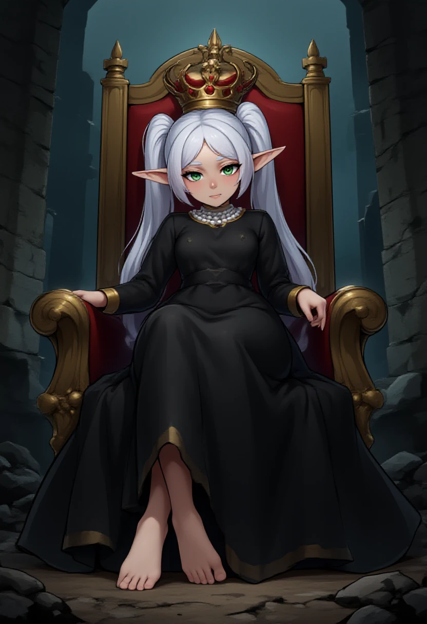 zzCitronCAT, feet, barefoot,
nereirfpnxl, frieren, elf, pointy ears, green eyes, white hair, twintails, black dress, 
head tilt, sitting on throne, huge throne, oversized throne, ruins, abandoned castle, crown, pearl necklace