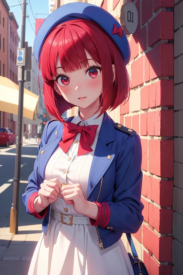 (P_Kana_Arima), 1girl, solo, red eyes, red hair, looking at viewer, short hair, blush, bangs, bob cut, 
blue open jacket, blue beret hat, white dress, red bow tie, white shirt,