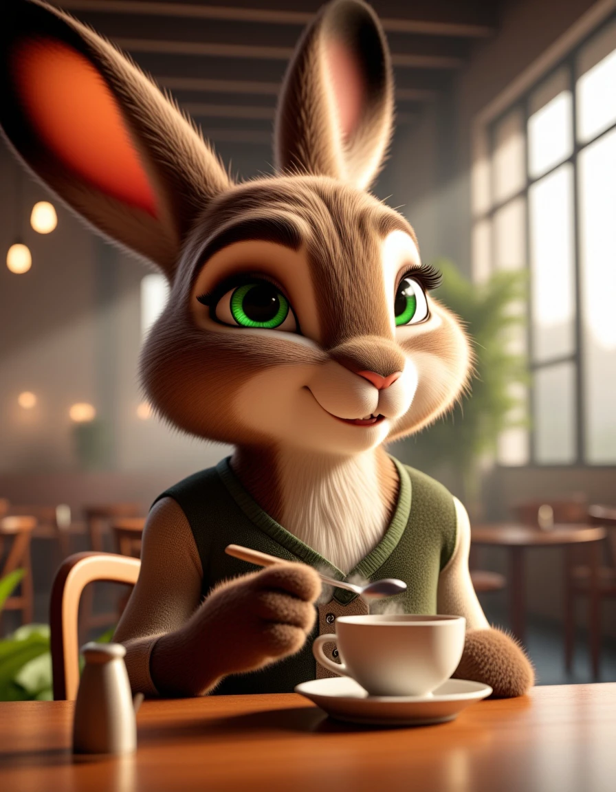 very detailed cgi render of a rabbit male with brown hair sitting in a café, wearing a sweater vest, detailed hair, detailed fur, fluffy fur, brown fur, countershading, green eyes, coffee cup, steaming coffee, stirring coffee with a spoon, depth of field <lora:bing3d-flux-run5-e1:1>