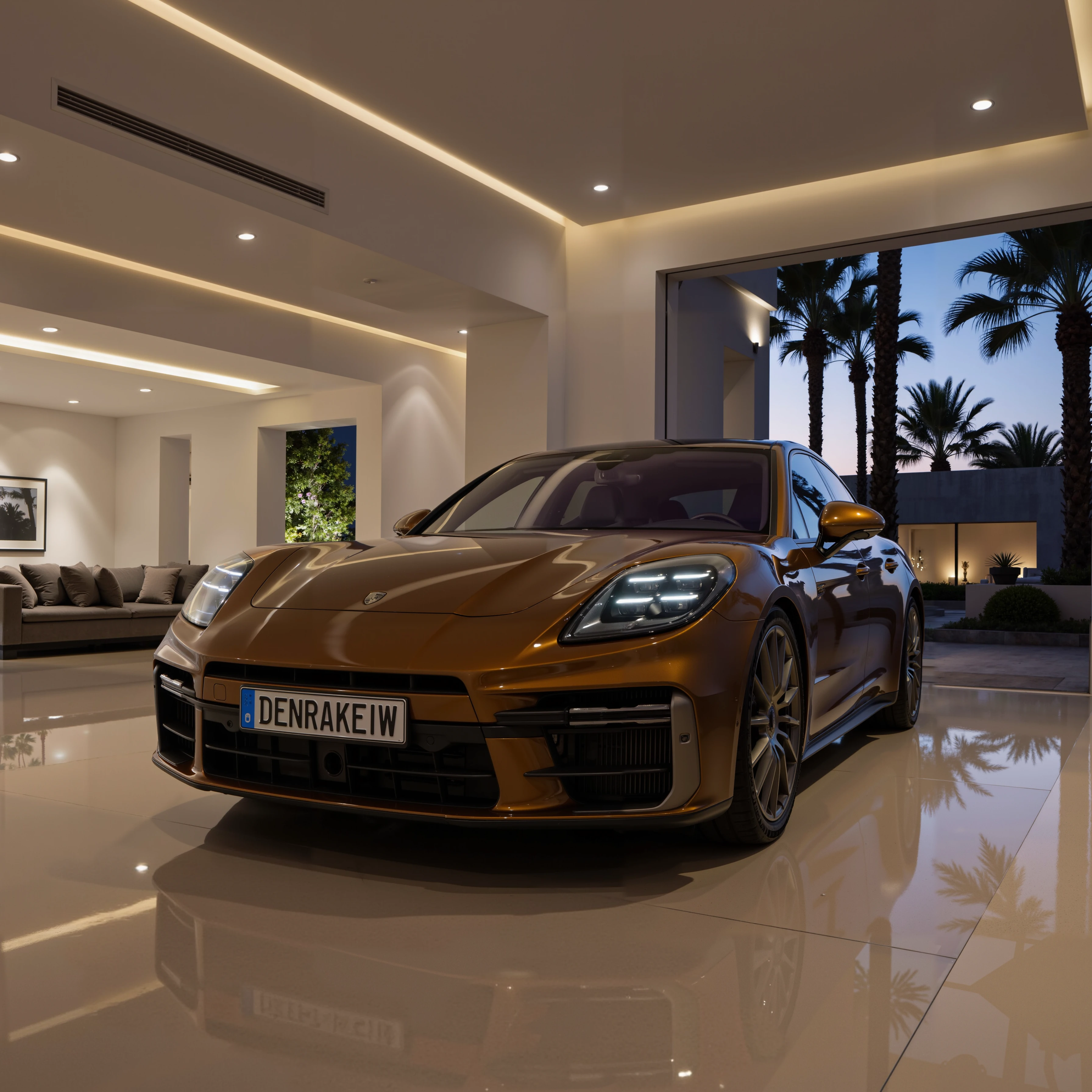 A sleek, Panamera Turbo E-Hybrid is parked inside an ultra-modern luxury villa.numberplate reads DENRAKEIW, The polished floors reflect the car's powerful stance and glossy finish, amplifying its presence in the room. Soft, warm lighting highlights the car's contours, while lush palm trees and large glass windows reveal a tropical outdoor setting bathed in evening light. The villa’s high ceilings, clean lines, and minimalist design complement the car’s sharp, aggressive lines, creating a harmonious balance between cutting-edge automotive design and refined architectural elegance. The atmosphere is serene, with a touch of opulence and exclusivity