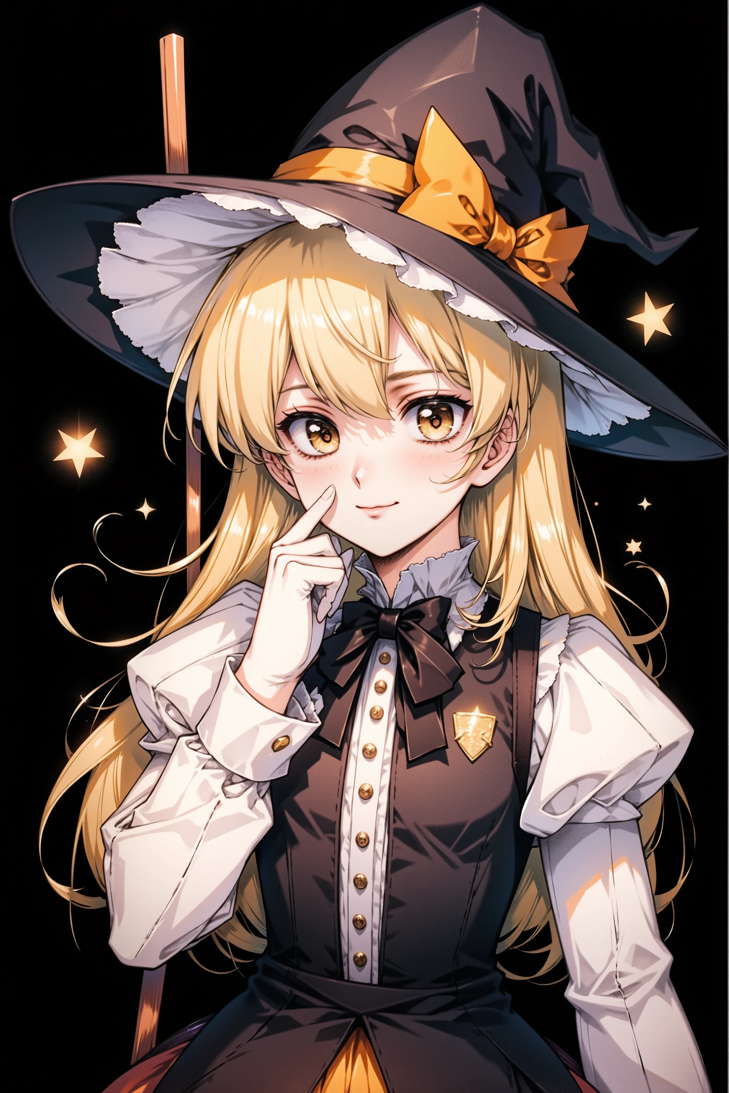 flyx3 Style,1girl,solo,kirisame marisa,hat,blonde hair,long hair,gloves,broom,braid,witch hat,star (symbol),bow,yellow eyes,looking at viewer,short sleeves,single braid,white gloves,puffy sleeves,hat bow,puffy short sleeves,apron,black background,side braid,orange bow,vest,cowboy shot,black headwear,dress,closed mouth,frills,smile,holding broom,skirt,adapted costume,waist apron,hair bow,hand on own face,ribbon,bowtie,shirt,blush,star background,
<lora:flyx3_FLUX:1.2>,