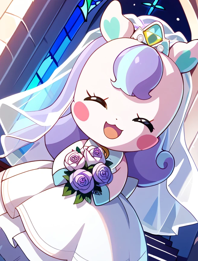 score_10, score_9_up, score_8_up, Niko, solo, smile, open mouth, holding, closed eyes, purple hair, no humans, ^_^, blush stickers, wedding dress, wedding veil, church