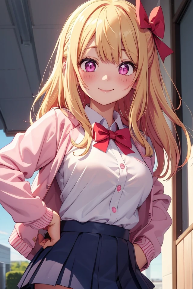 (P_Ruby_Hoshino), 1girl, solo, blonde hair, smile, bangs, (one side up:0.5), pink eyes, star-shaped pupils, blush, looking at viewer, (White shirt, navy college jacket, red bow, brown pleated skirt),