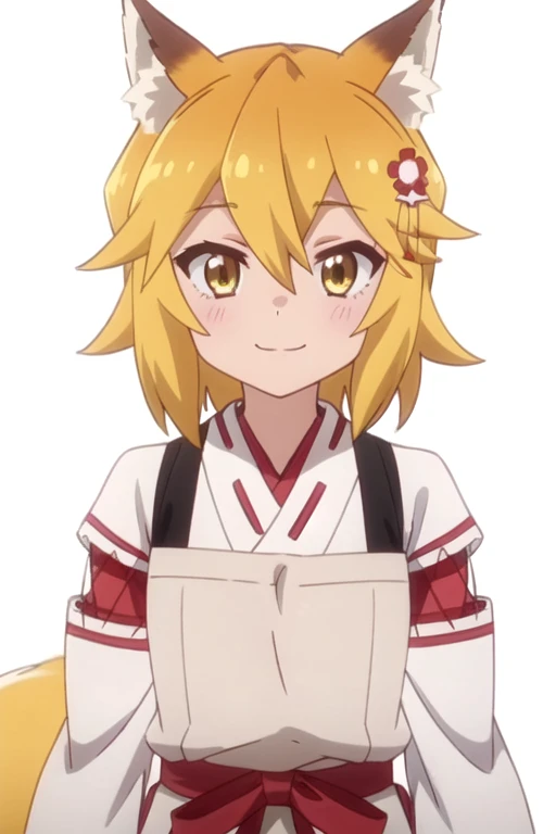 solo, 1girl, looking at viewer, 2D, anime, official style, anime coloring, anime screencap, upper body, (simple background, solid white background:1.3), <lora:senko-senko:0.8>, senko, hair ornament, japanese clothes, miko, apron, fox tail, smile