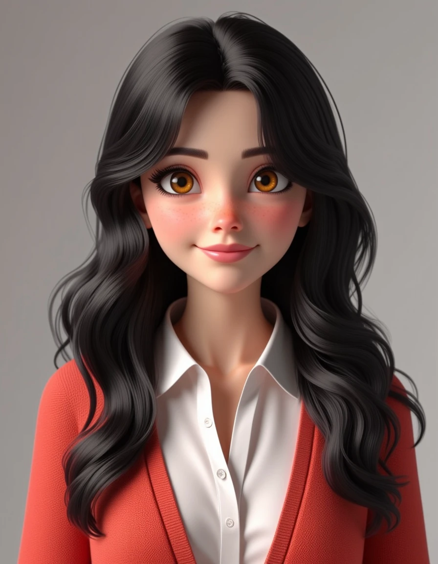 very detailed CGI render of a anime lady with long black hair, wearing a blouse and a sweater, disney style 3d<lora:bing3d-flux-run5-e1:1>