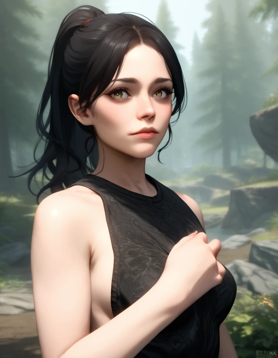 score_9, score_8_up, score_7_up, score_6_up, score_5_up, score_4_up,  upper body, brelyna, dunmer, gray skin, dark hair, ponytail, forest, black dress, sleeveless, realistic