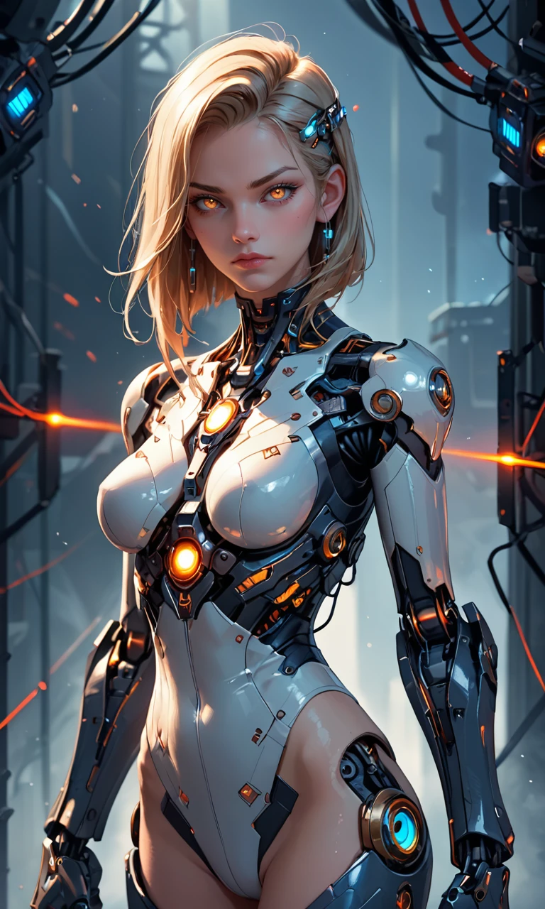 score_9, score_8_up, score_7_up, 1 mechanical woman, cowboy shot, serious face, facing camera, machanical limbs, mechanical cervial attaching to neck, wires and cables connecting to head, metal, glowing led parts, ornaments detailed, cold colors, Optical fiber detail, rending on cgsociety, seductive, innocent, (depth of field), (fine textures details)
