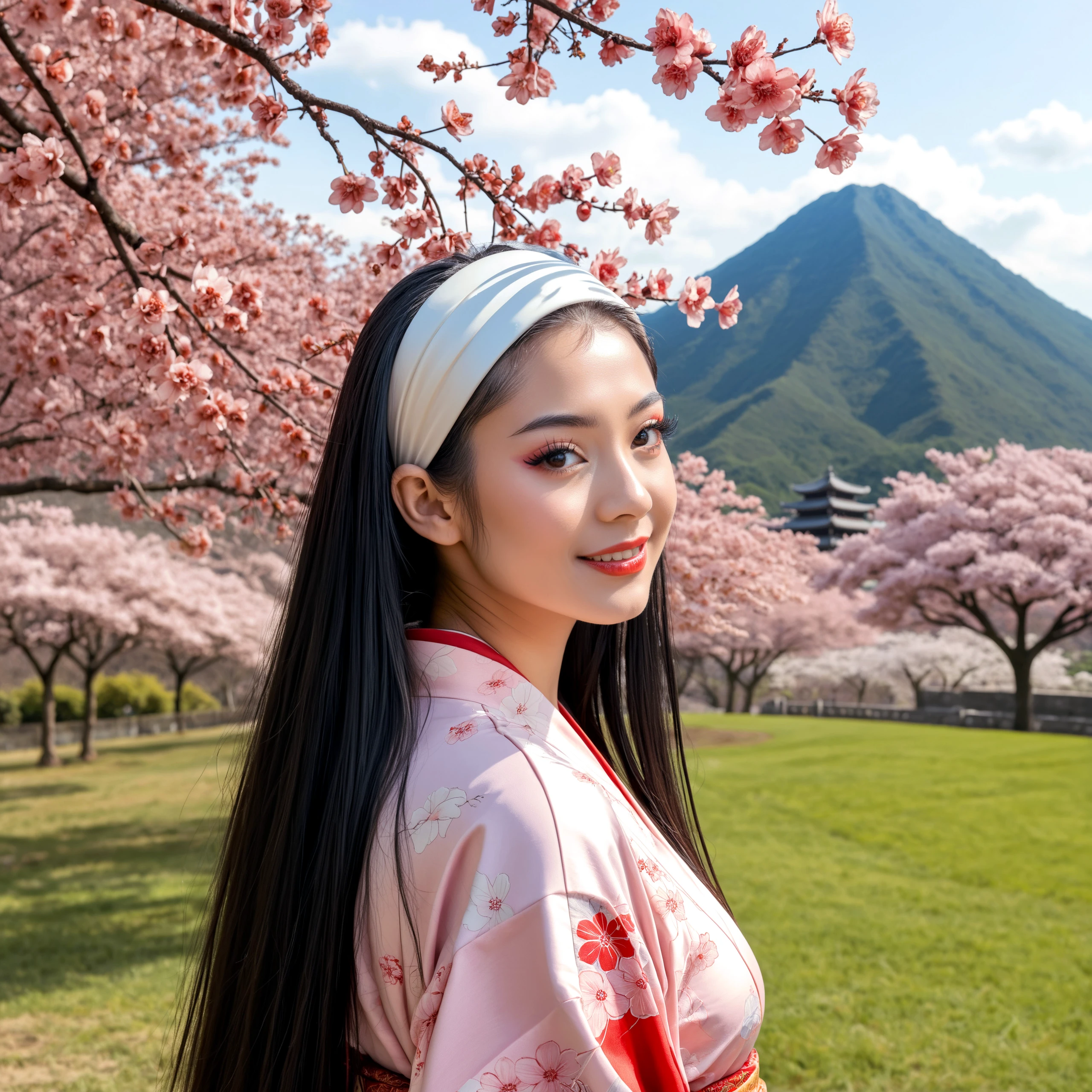 a beautiful japanese woman, pale skin, red lipstick, very long hair, black hair, (big hair:0.9), 

h41rb4nd, wide-hairband, (shiny white hairband:1.1), colorful kimono,

detailed face, detailed eyes, (slightly smile:0.75), 

outdoor, (cherry blossom:0.9), (almond blossom:0.9), flowers, mountain, grass, clouds,

from slightly side, 8k, ultra detailed, masterpiece,
