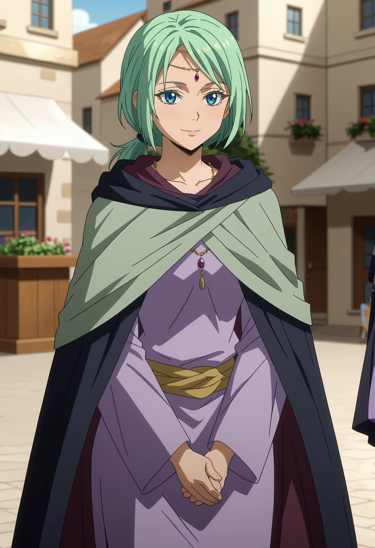 score_7_up, anime screencap,
<lora:TenSura_MyulanXL:0.9>, MyulanTS,
1girl, solo, closed mouth, light smile,
low ponytail, green hair, blue eyes, circlet,
multicolored cape, black cape, brown cape, green cape, purple dress, necklace, yellow sash,
standing, looking at viewer, own hands together,
blurry background, medieval, street