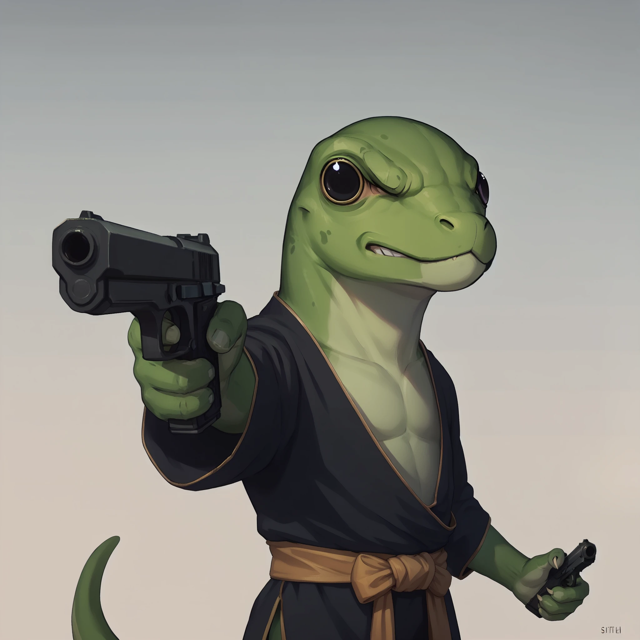 score_9, score_8_up, score_7_up, source_furry, solo, <lora:prikkiki-ti:0.7>, prikkikiti, green skin, nostrils, lizard tail, black kimono, loose clothes, reptile, <lora:Pony_Weapon_Pistol_-_By_HailoKnight:0.8>, aiming pistol, angry, outdoors